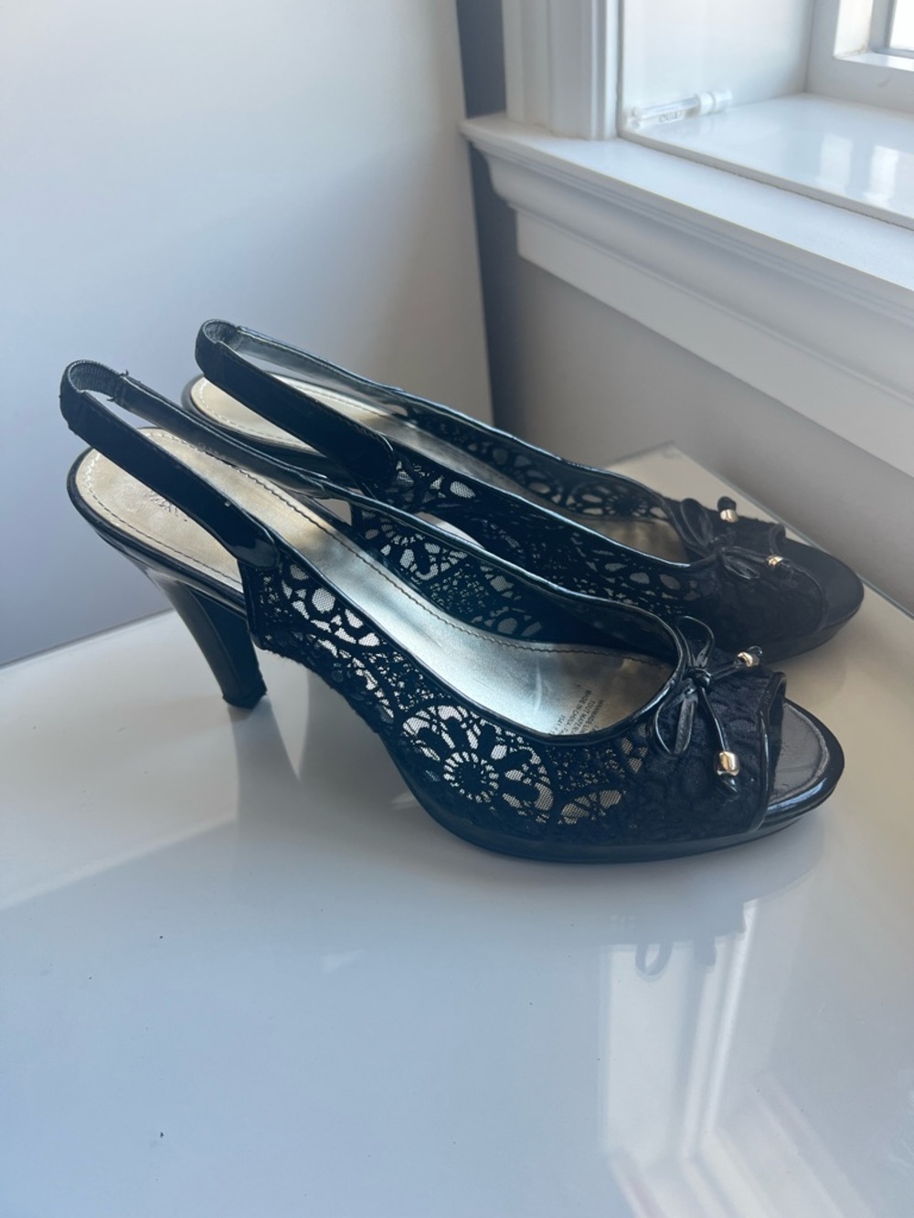 Anne Klein Black Lace Slingback Heels with Bow
